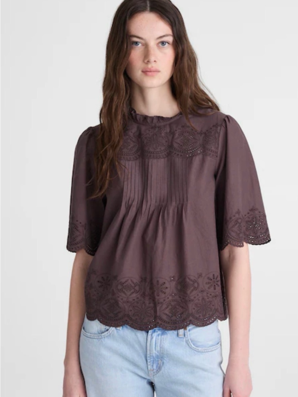 Madewell Embroidered Pintuck High-Neck Top
